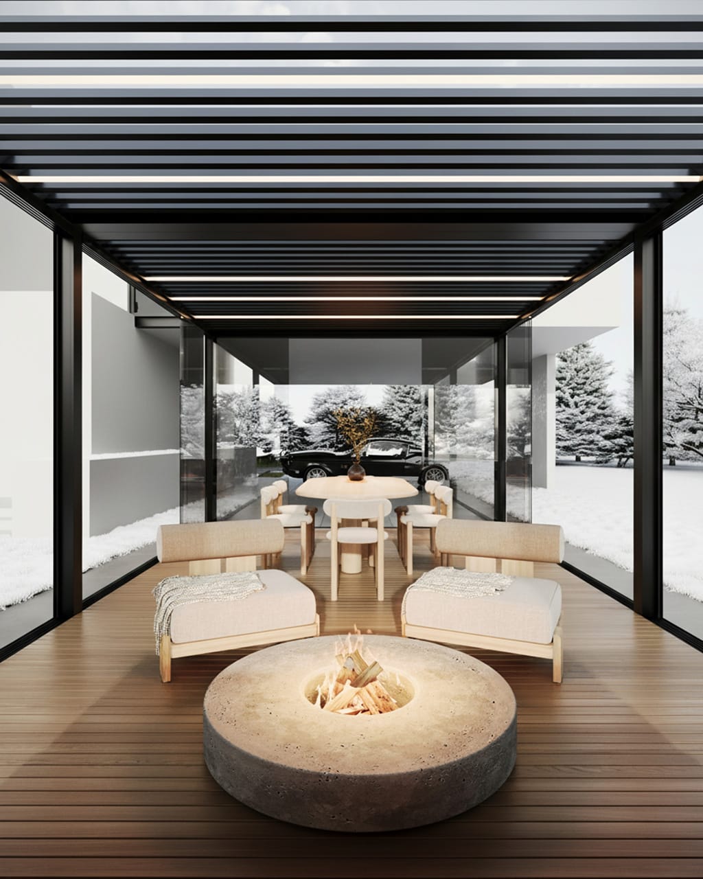 Terasă modernă cu foc de tabără